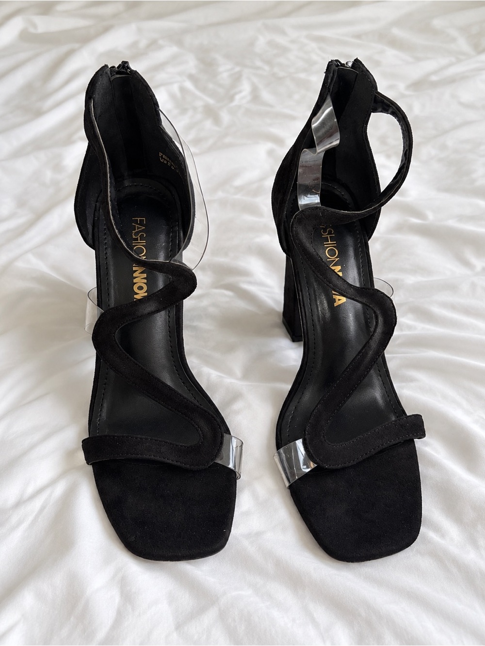 Fashion Nova Black Suede Block Heel Sandals with Clear Accents